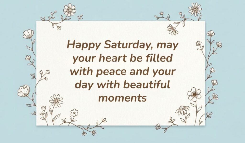 Happy saturday blessings and quotes card decorated with delicate floral line art reading "Happy Saturday, may your heart be filled with peace and your day with beautiful moments"