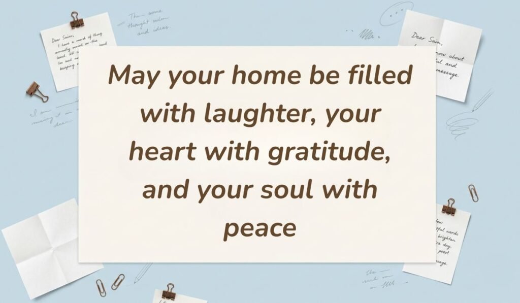 Light blue flatlay desk background with scattered sticky notes presenting happy saturday blessings and quotes reading "May your home be filled with laughter, your heart with gratitude, and your soul with peace"