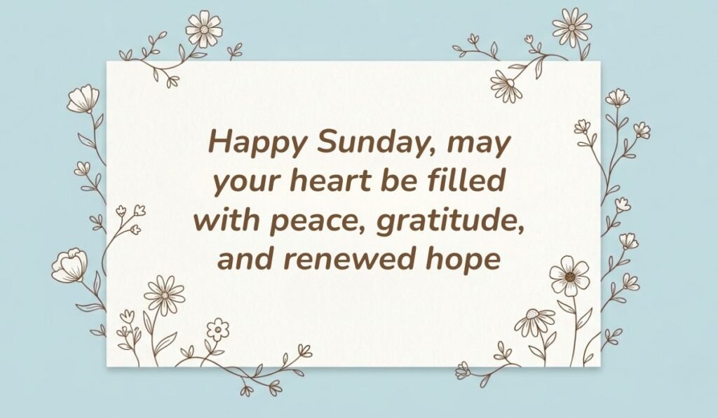 Happy sunday blessings and wishes card framed with floral line art reading "Happy Sunday, may your heart be filled with peace, gratitude, and renewed hope"