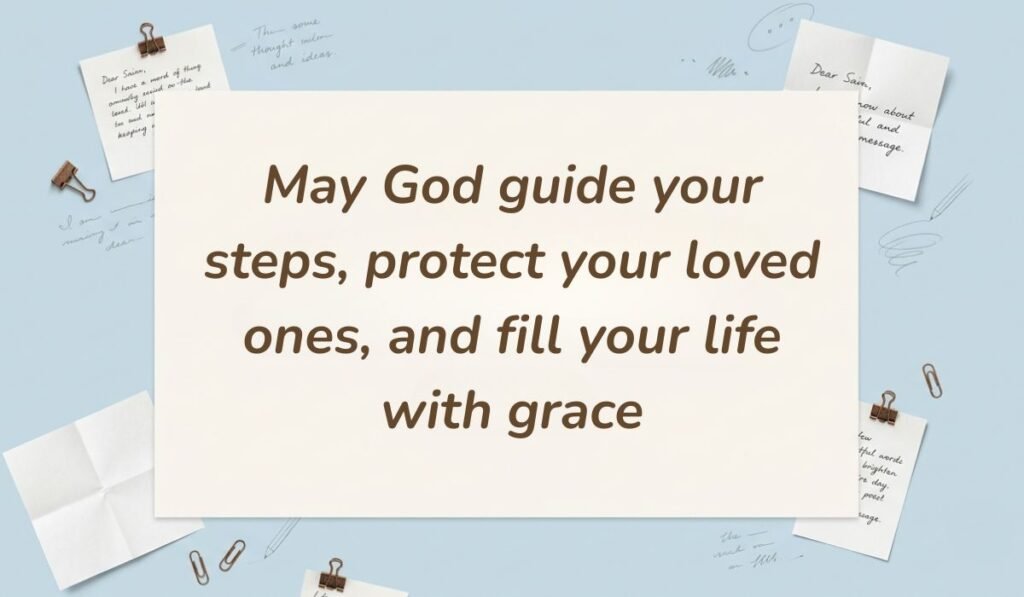 Light blue desk flatlay decorated with sticky notes presenting happy sunday blessings and wishes stating "May God guide your steps, protect your loved ones, and fill your life with grace"