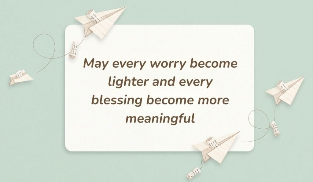 Sage green aesthetic card surrounded by small paper airplanes featuring happy sunday blessings and wishes reading "May every worry become lighter and every blessing become more meaningful"