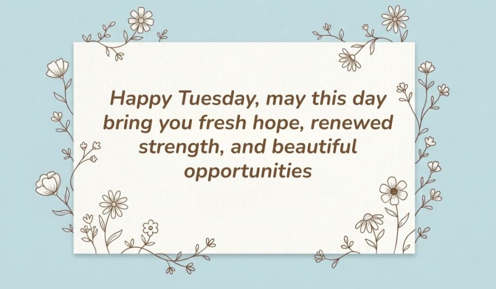 Happy tuesday blessings and quotes card framed with delicate floral line art reading "Happy Tuesday, may this day bring you fresh hope, renewed strength, and beautiful opportunities"