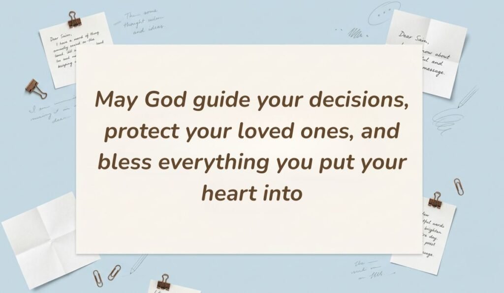 Light blue desk flatlay background with scattered sticky notes presenting happy tuesday blessings and quotes stating "May God guide your decisions, protect your loved ones, and bless everything you put your heart into"