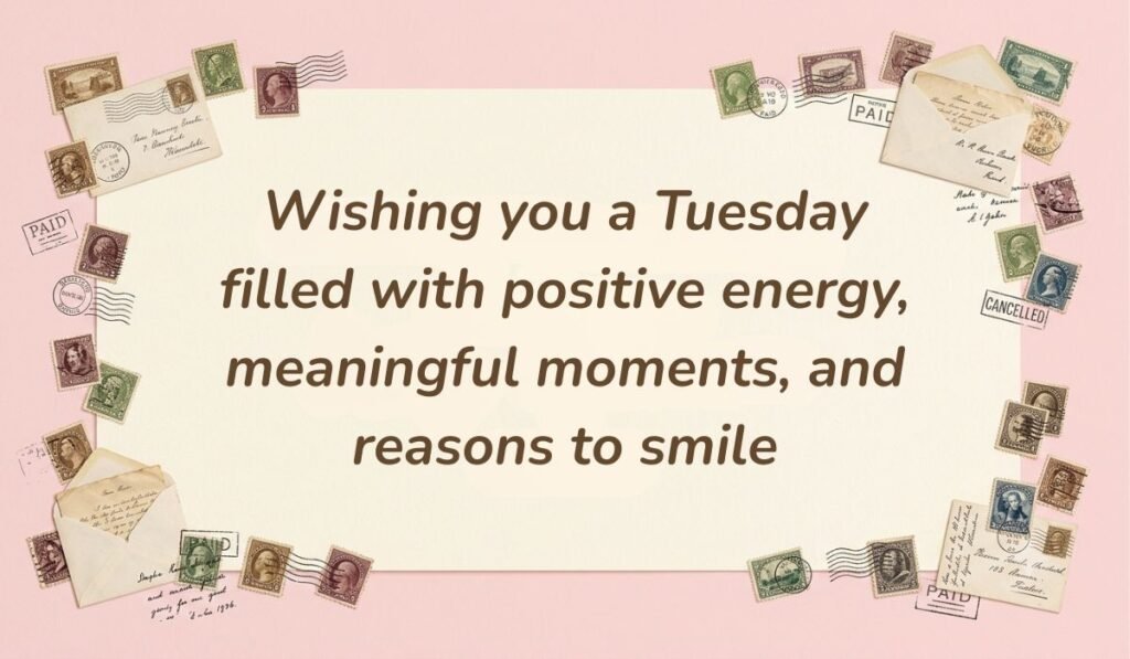 Vintage postal theme layout with stamps and envelopes showcasing happy tuesday blessings and quotes reading "Wishing you a Tuesday filled with positive energy, meaningful moments, and reasons to smile"