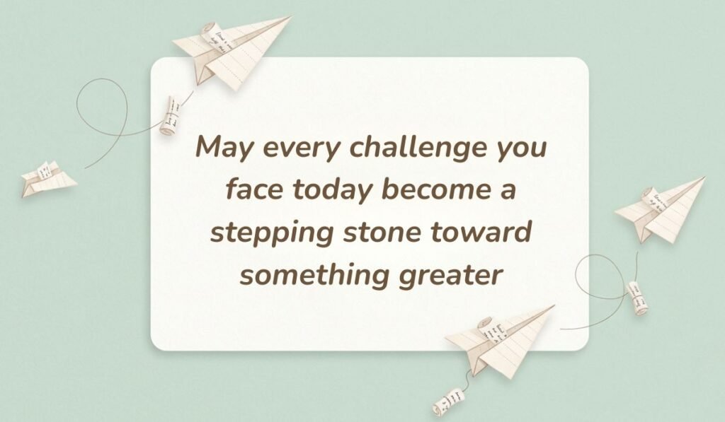 Sage green aesthetic card surrounded by floating paper airplanes featuring happy tuesday blessings and quotes reading "May every challenge you face today become a stepping stone toward something greater"