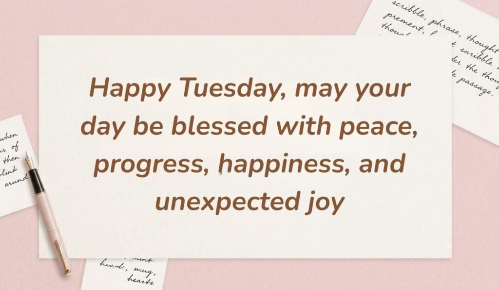 Soft pink stationery setup with a vintage fountain pen presenting happy tuesday blessings and quotes stating "Happy Tuesday, may your day be blessed with peace, progress, happiness, and unexpected joy"