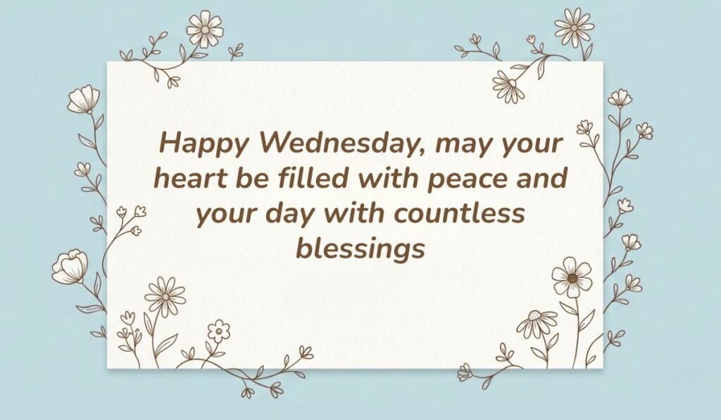 Happy wednesday blessings card framed with delicate floral line art reading "Happy Wednesday, may your heart be filled with peace and your day with countless blessings"