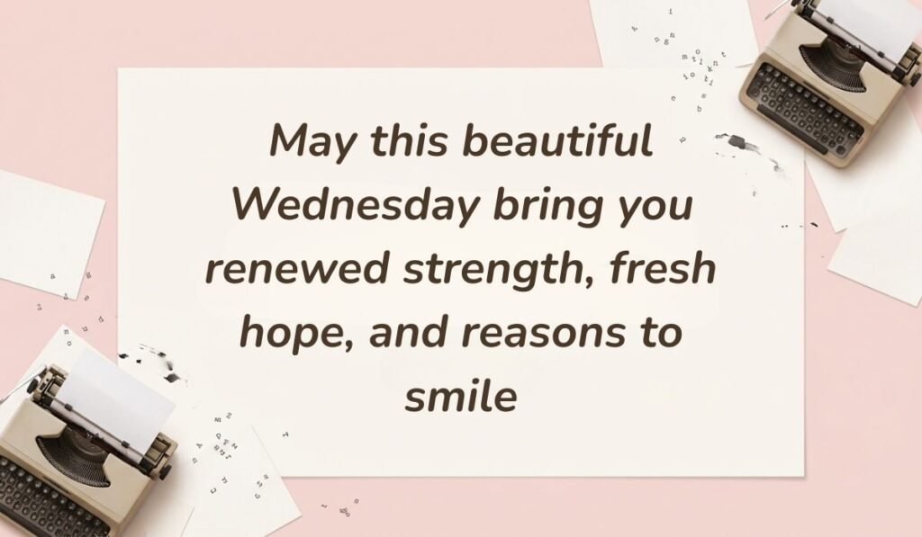 Vintage typewriter desktop layout on a soft pink background featuring happy wednesday blessings stating "May this beautiful Wednesday bring you renewed strength, fresh hope, and reasons to smile"