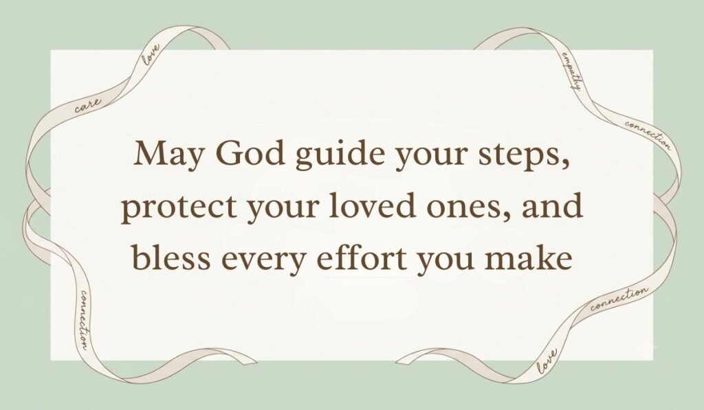 Sage green card bordered with sweeping ribbon accents presenting happy wednesday blessings stating "May God guide your steps, protect your loved ones, and bless every effort you make"