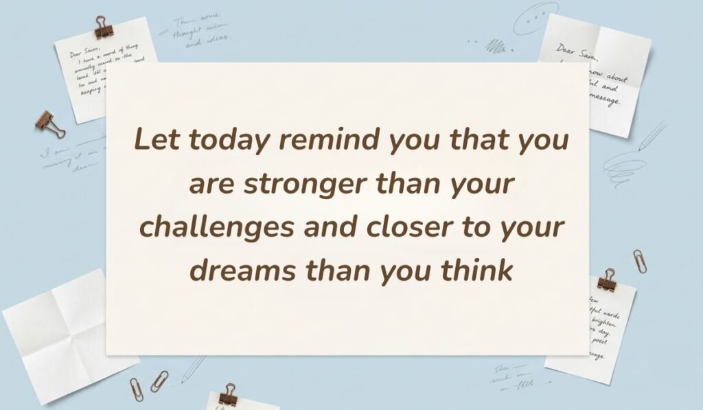 Light blue desk flatlay background with scattered sticky notes showcasing happy wednesday blessings reading "Let today remind you that you are stronger than your challenges and closer to your dreams than you think"