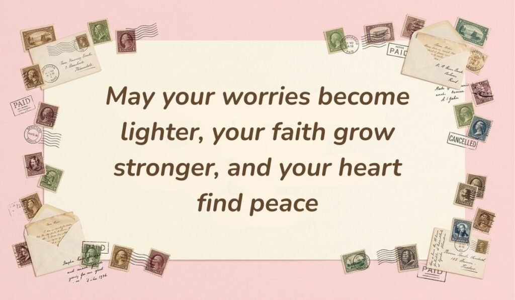 Vintage postal theme layout with stamps and envelopes displaying happy wednesday blessings stating "May your worries become lighter, your faith grow stronger, and your heart find peace"