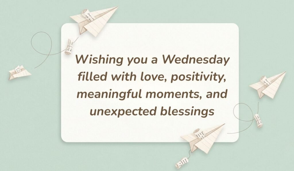 Sage green aesthetic card surrounded by floating paper airplanes featuring happy wednesday blessings reading "Wishing you a Wednesday filled with love, positivity, meaningful moments, and unexpected blessings"