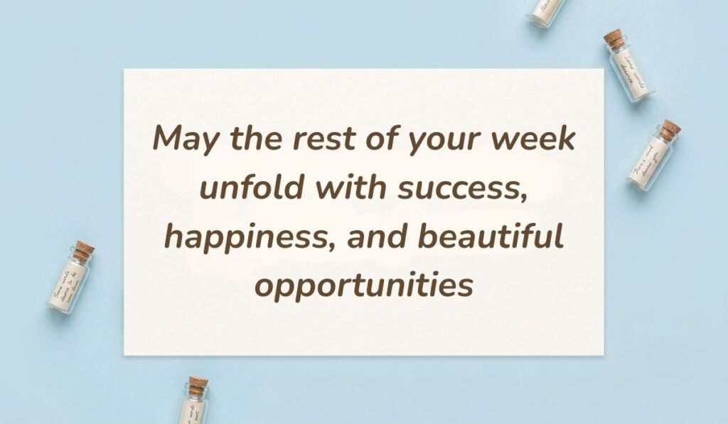 Soft blue flatlay background decorated with tiny message bottles presenting happy wednesday blessings reading "May the rest of your week unfold with success, happiness, and beautiful opportunities"