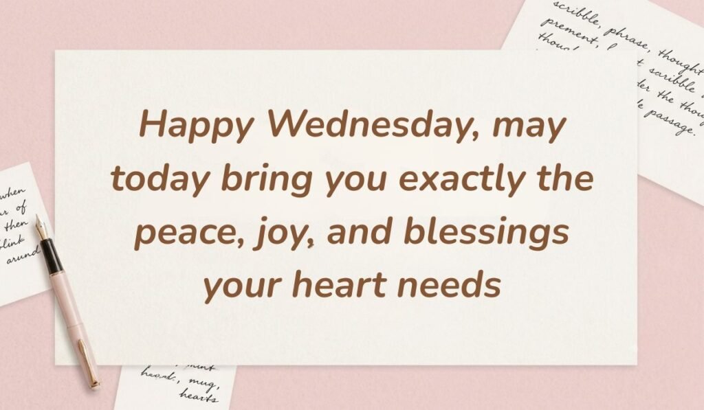 Soft pink stationery setup with a vintage fountain pen featuring happy wednesday blessings stating "Happy Wednesday, may today bring you exactly the peace, joy, and blessings your heart needs"