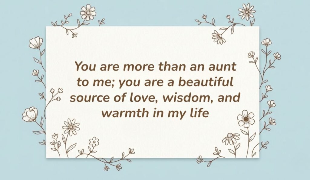 Light blue floral line art card displaying heart touching messages for aunt reading "You are more than an aunt to me; you are a beautiful source of love, wisdom, and warmth in my life"