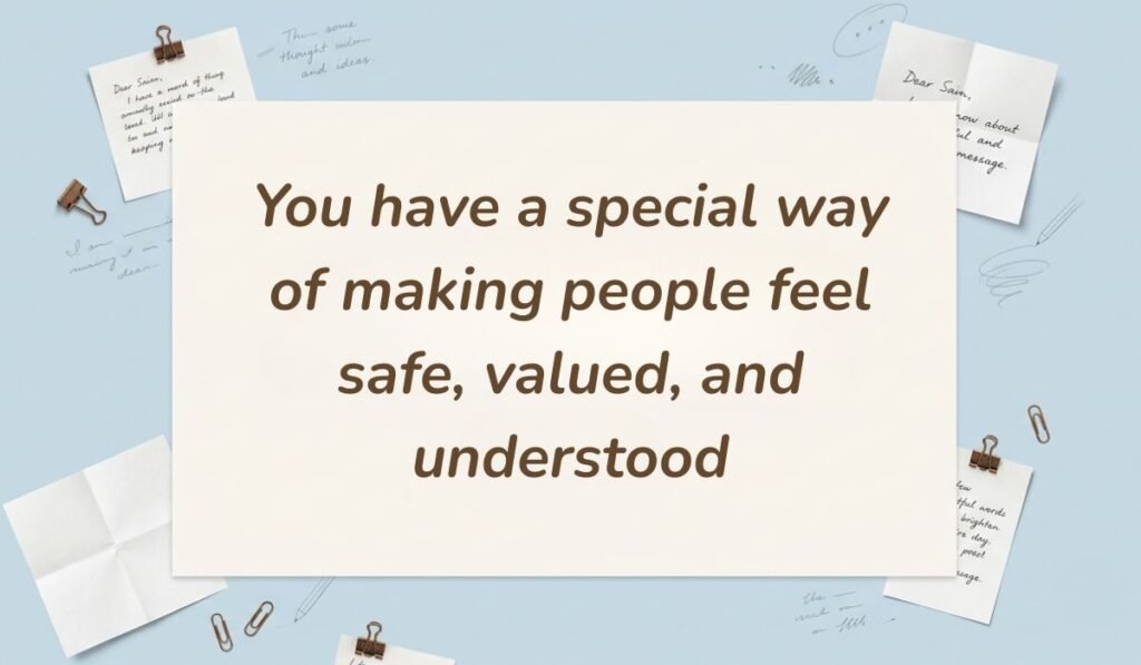Light blue desk flatlay with sticky notes and paper clips presenting heart touching messages for aunt reading "You have a special way of making people feel safe, valued, and understood"