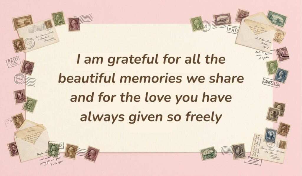 Vintage postal theme card framed with stamps and envelopes displaying heart touching messages for aunt stating "I am grateful for all the beautiful memories we share and for the love you have always given so freely"