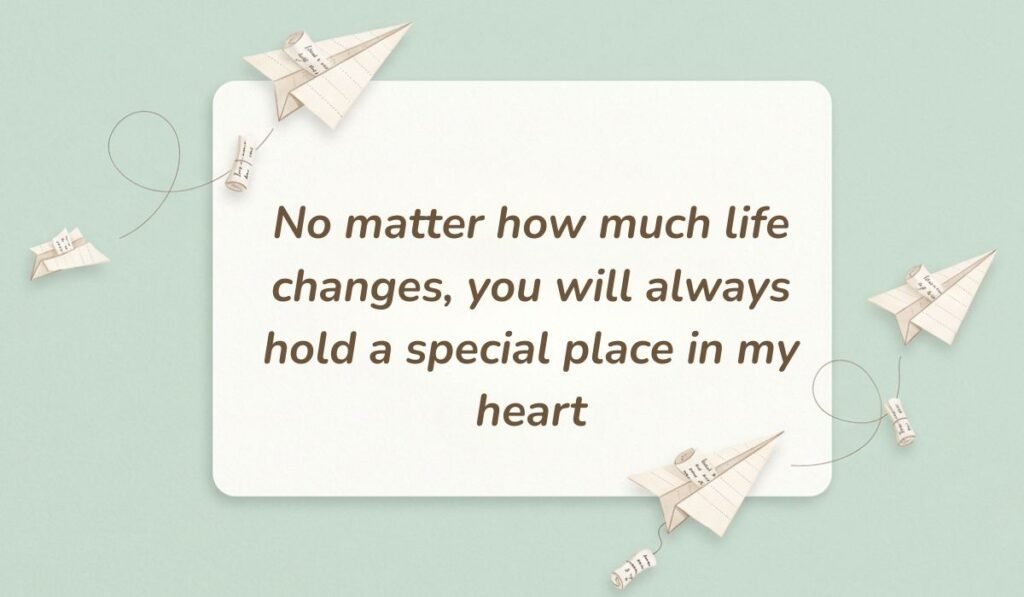 Light green background with paper airplanes showcasing heart touching messages for aunt reading "No matter how much life changes, you will always hold a special place in my heart"