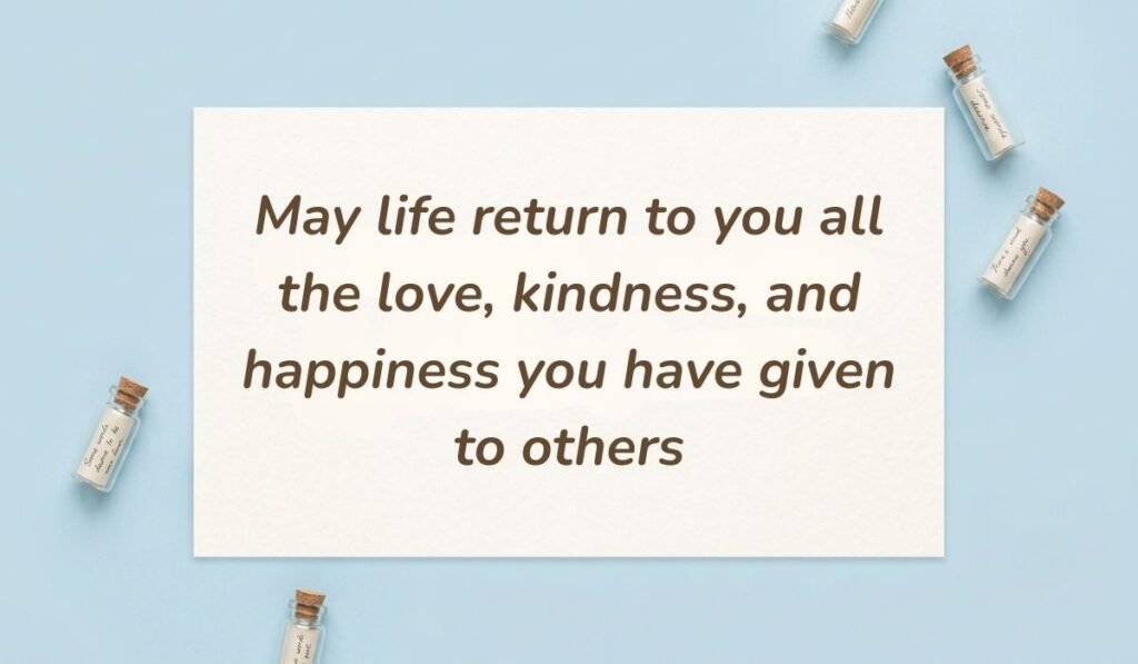 Soft blue backdrop with small glass message bottles presenting heart touching messages for aunt reading "May life return to you all the love, kindness, and happiness you have given to others"