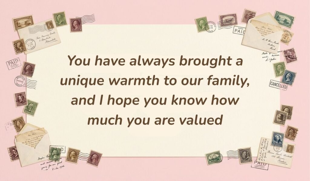 Vintage postal theme card framed with stamps and envelopes displaying heart touching messages for cousin stating "You have always brought a unique warmth to our family, and I hope you know how much you are valued"