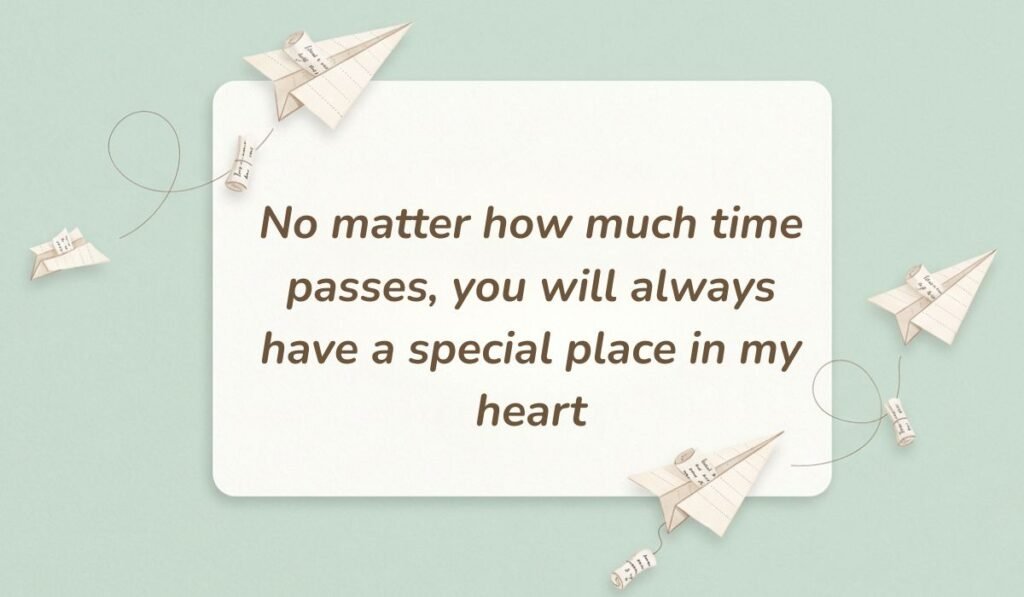 Light green card surrounded by floating paper airplanes showcasing heart touching messages for cousin reading "No matter how much time passes, you will always have a special place in my heart"