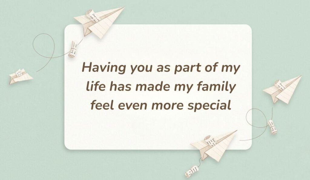 Light green backdrop with paper airplanes presenting heart touching messages for mother in law stating "Having you as part of my life has made my family feel even more special"