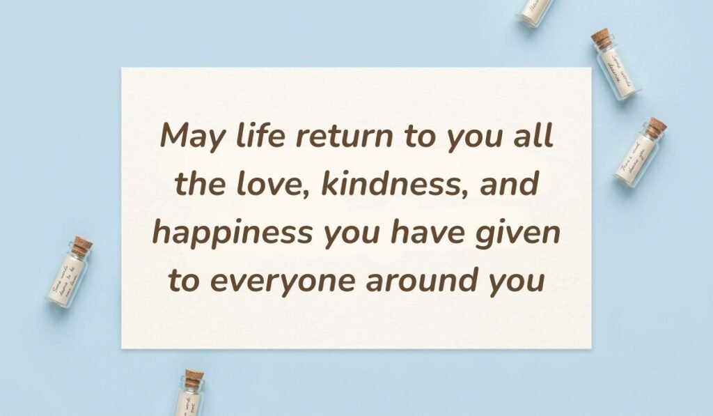 Soft blue background with small glass message bottles displaying heart touching messages for mother in law reading "May life return to you all the love, kindness, and happiness you have given to everyone around you"