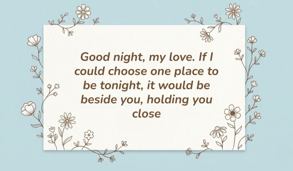 Light blue floral line art card displaying love and trust messages for wife reading "Good night, my love. If I could choose one place to be tonight, it would be beside you, holding you close"