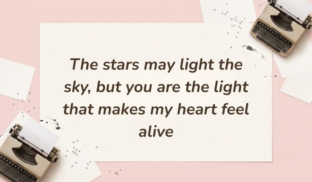 Soft pink vintage typewriter layout featuring love and trust messages for wife reading "The stars may light the sky, but you are the light that makes my heart feel alive"