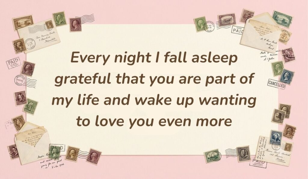 Vintage postal theme card framed with stamps and envelopes displaying love and trust messages for wife stating "Every night I fall asleep grateful that you are part of my life and wake up wanting to love you even more"