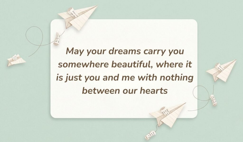 Light green card surrounded by floating paper airplanes showcasing love and trust messages for wife reading "May your dreams carry you somewhere beautiful, where it is just you and me with nothing between our hearts"
