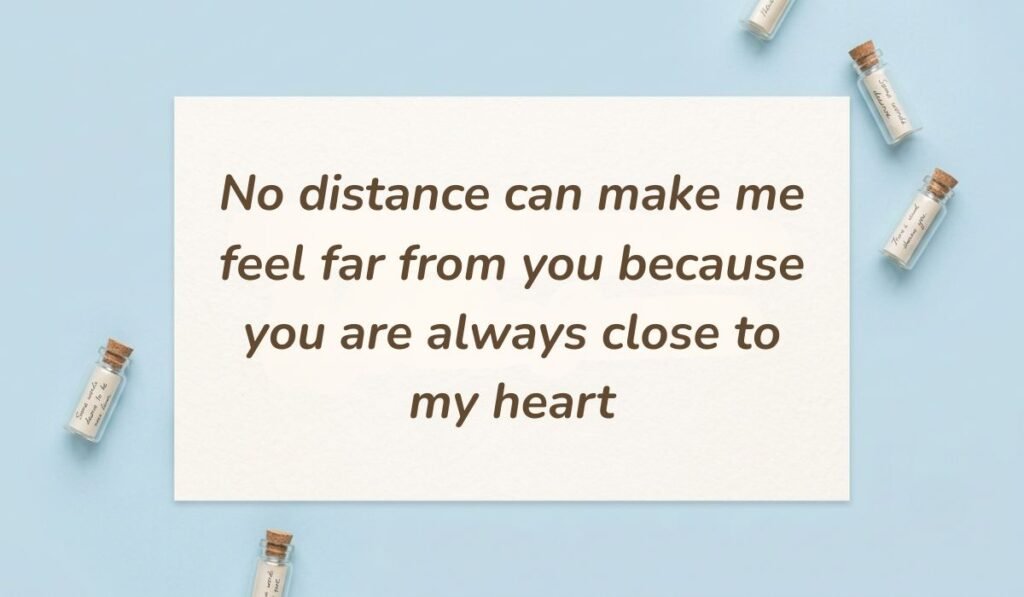 Soft blue background decorated with miniature message bottles presenting love and trust messages for wife reading "No distance can make me feel far from you because you are always close to my heart"