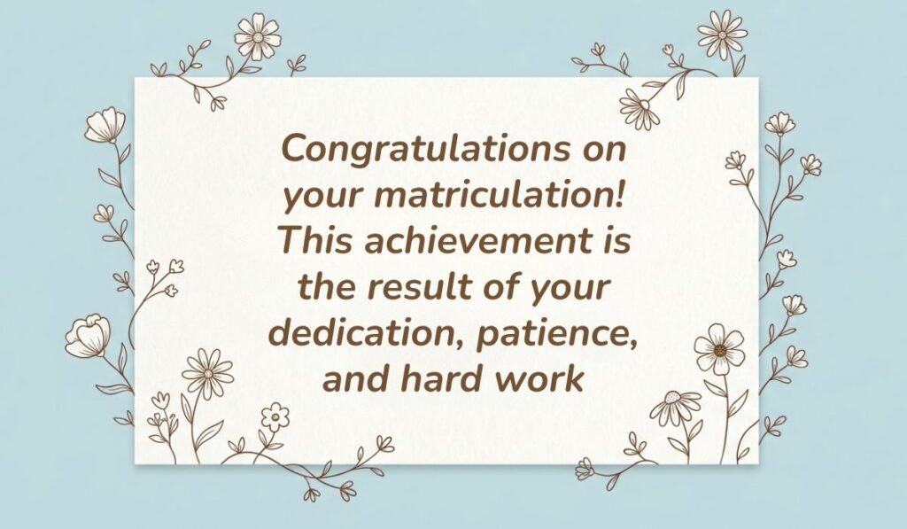 Light blue card framed with delicate floral line art featuring matriculation wishes and messages reading "Congratulations on your matriculation! This achievement is the result of your dedication, patience, and hard work"