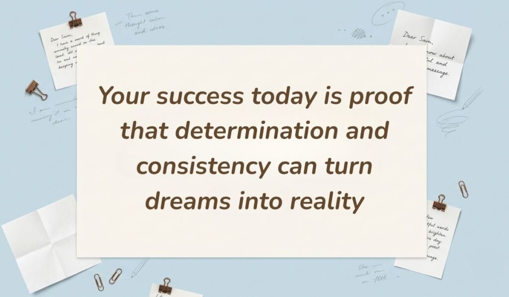 Desk stationery setup with paper clips and note scraps presenting matriculation wishes and messages reading "Your success today is proof that determination and consistency can turn dreams into reality"