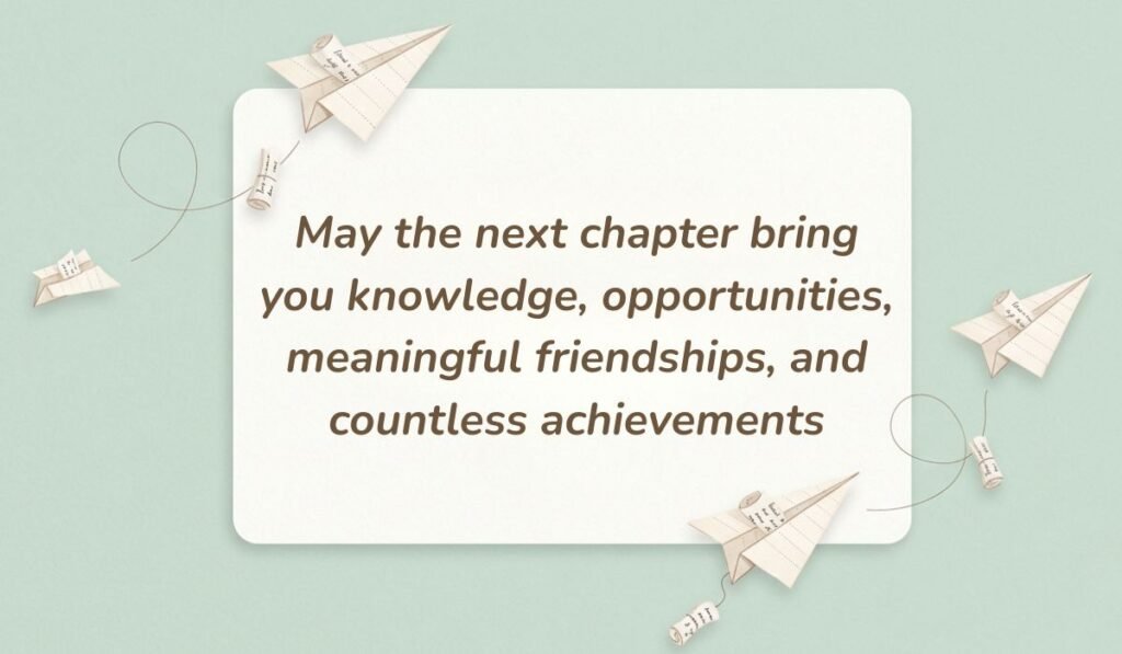 Soft green card decorated with paper airplanes containing matriculation wishes and messages reading "May the next chapter bring you knowledge, opportunities, meaningful friendships, and countless achievements"