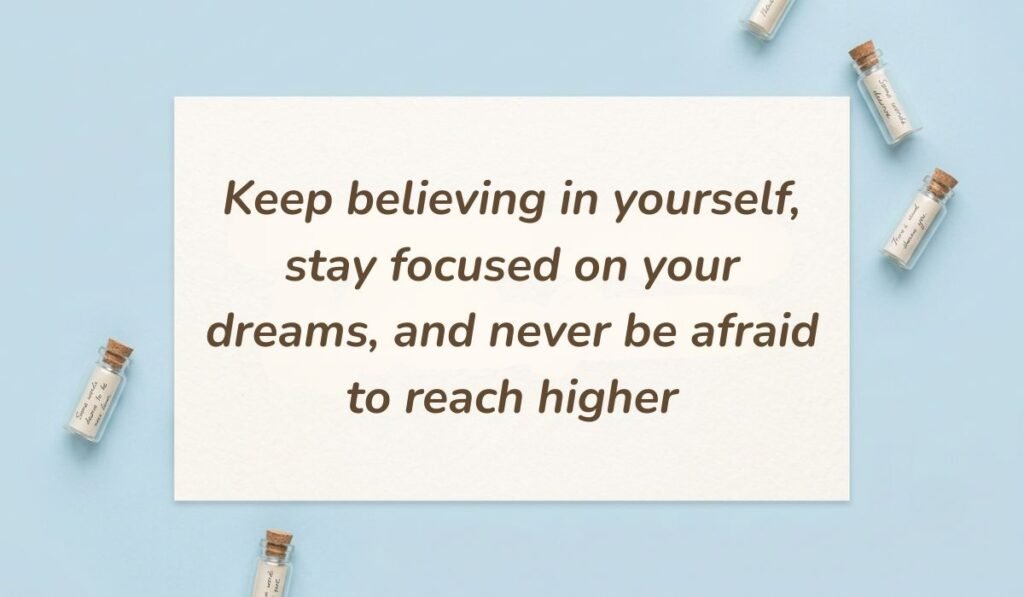 Light blue flat lay with mini glass message bottles displaying matriculation wishes and messages reading "Keep believing in yourself, stay focused on your dreams, and never be afraid to reach higher"
