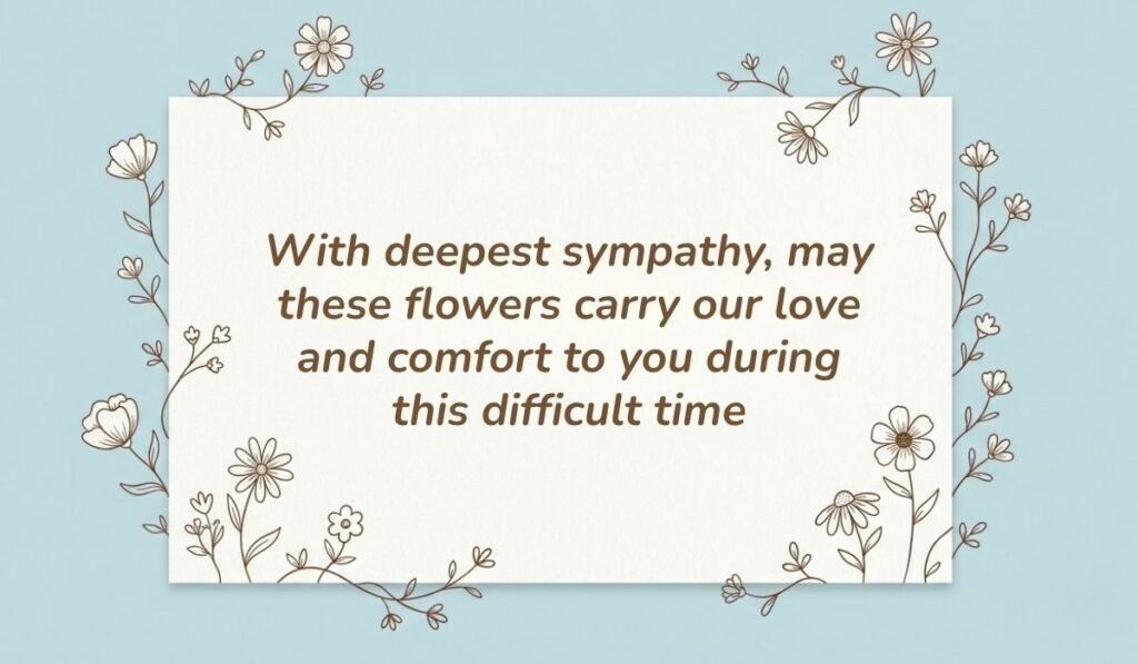 Light blue card with floral line-art borders displaying messages for flowers for funeral reading, "With deepest sympathy, may these flowers carry our love and comfort to you during this difficult time"
