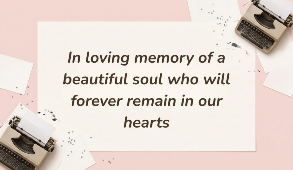 Soft pink desktop layout with vintage typewriters featuring messages for flowers for funeral reading, "In loving memory of a beautiful soul who will forever remain in our hearts"