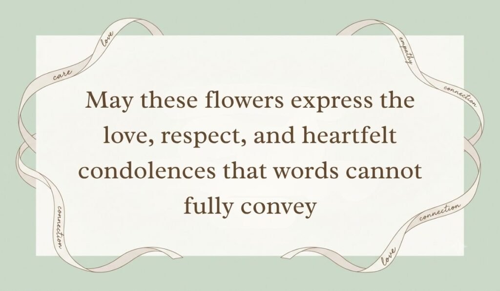 Sage green card layout bordered by decorative ribbons presenting messages for flowers for funeral reading, "May these flowers express the love, respect, and heartfelt condolences that words cannot fully convey"