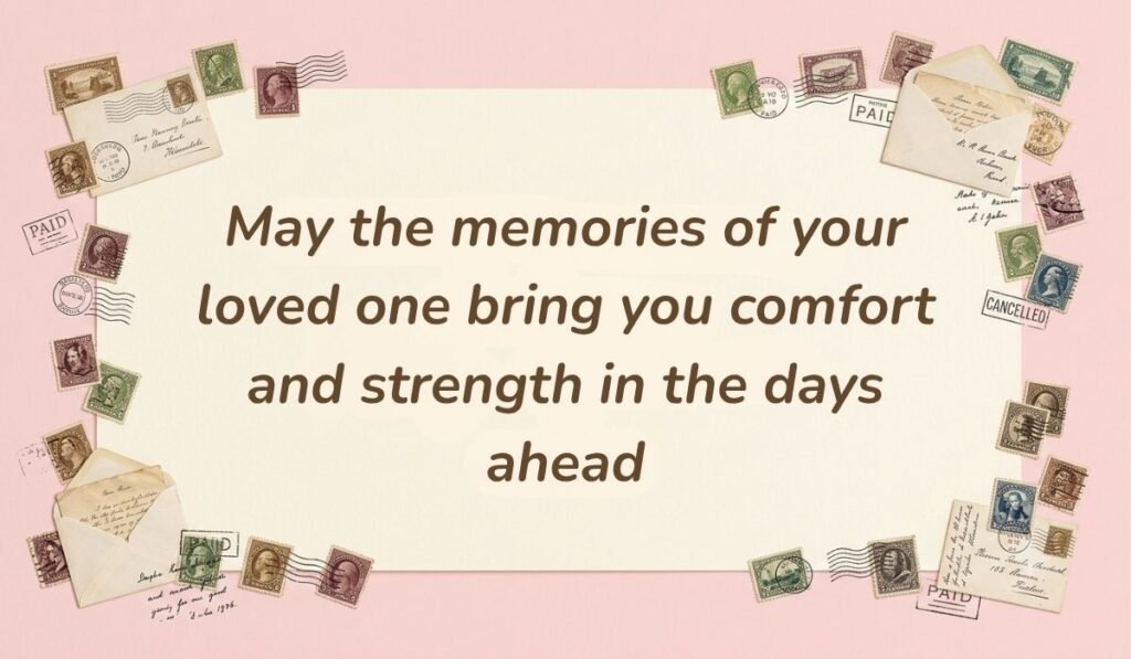 Soft pink card layout framed with vintage postage stamps displaying messages for flowers for funeral reading, "May the memories of your loved one bring you comfort and strength in the days ahead"