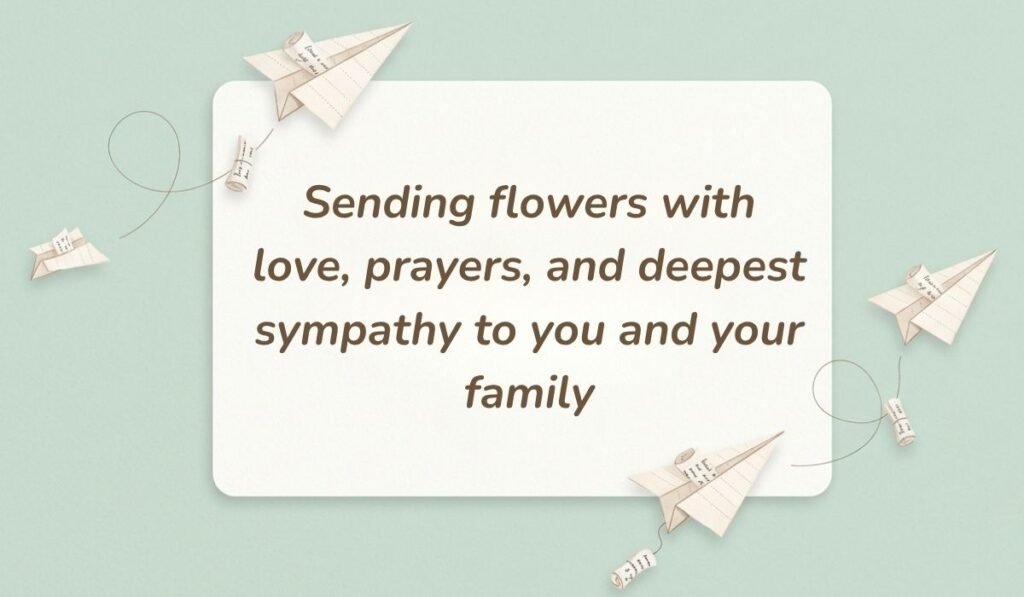 Mint green background with paper airplanes featuring messages for flowers for funeral reading, "Sending flowers with love, prayers, and deepest sympathy to you and your family"