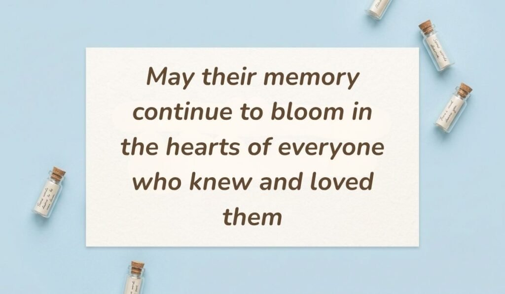 Light blue flat lay with mini glass message bottles showing messages for flowers for funeral reading, "May their memory continue to bloom in the hearts of everyone who knew and loved them"