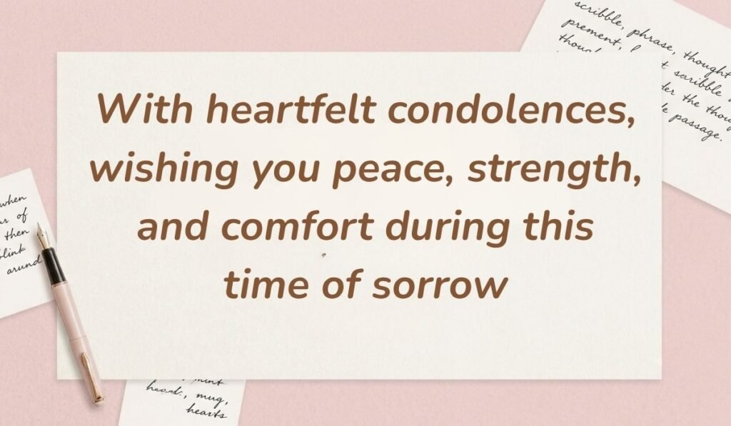 Soft pink background with a fountain pen and handwritten notes featuring messages for flowers for funeral reading, "With heartfelt condolences, wishing you peace, strength, and comfort during this time of sorrow"
