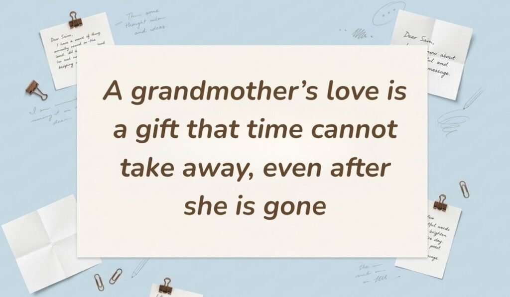 Light blue stationery background with memo notes and clips showing quotes for a grandma who passed away reading, "A grandmother’s love is a gift that time cannot take away, even after she is gone"