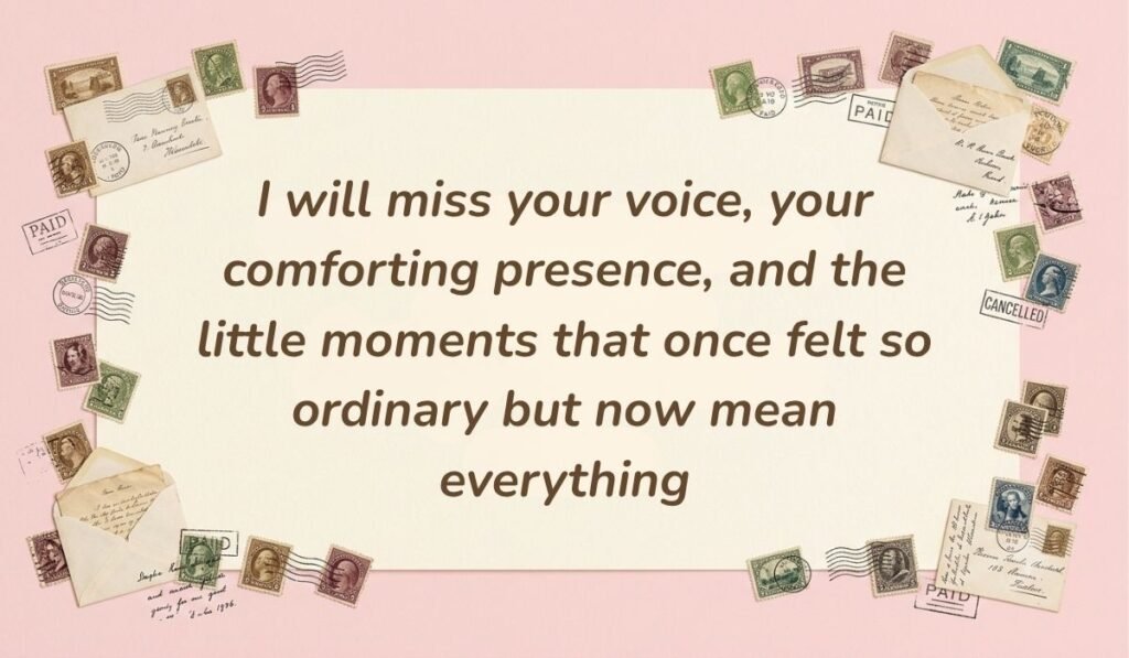 Soft pink card layout framed with vintage postage stamps displaying quotes for a grandma who passed away reading, "I will miss your voice, your comforting presence, and the little moments that once felt so ordinary but now mean everything"