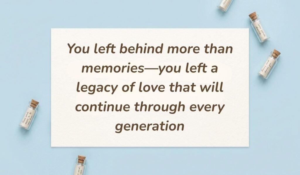Light blue flat lay with mini glass message bottles showing quotes for a grandma who passed away reading, "You left behind more than memories—you left a legacy of love that will continue through every generation"