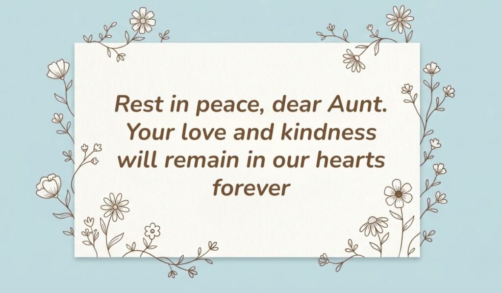 Light blue card framed with delicate floral line art displaying rest in peace messages for aunt reading "Rest in peace, dear Aunt. Your love and kindness will remain in our hearts forever"