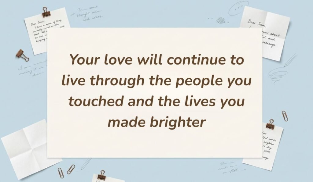 Desk stationery setup with paper clips and note scraps presenting rest in peace messages for aunt reading "Your love will continue to live through the people you touched and the lives you made brighter"