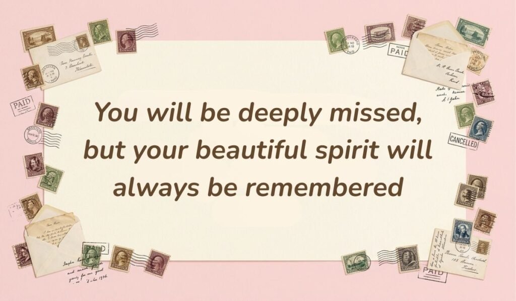 Vintage postcard layout framed with vintage stamps featuring rest in peace messages for aunt stating "You will be deeply missed, but your beautiful spirit will always be remembered"