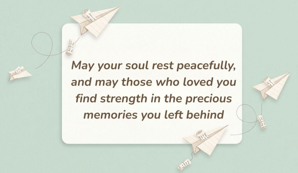 Soft green card decorated with paper airplanes containing rest in peace messages for aunt reading "May your soul rest peacefully, and may those who loved you find strength in the precious memories you left behind"